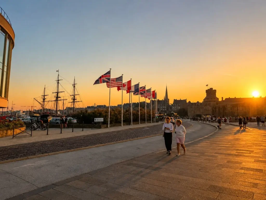 La porte Saint-Vincent et le château de Saint-Malo vus depuis l'esplanade au coucher du soleil